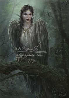 an angel sitting on top of a tree branch in the middle of a dark forest