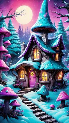 a painting of a fairy house in the snow