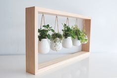 three hanging planters with plants in them on a wooden frame, against a white background