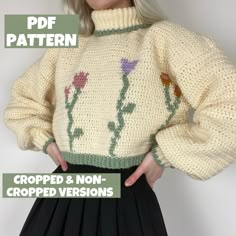 a woman wearing a sweater with flowers on it and the words cropped & non - cropped versions below