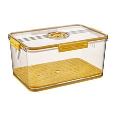 a plastic storage box with yellow handles and latches on the lid is shown in front of a white background