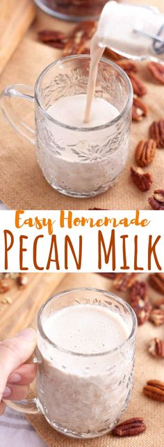 homemade pecan milk being poured into a glass mug