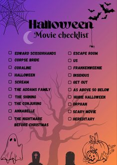 A checklist with Halloween movies Horror Movies To Watch List, Halloween Movies List Horror Films, Action Movies To Watch List, Halloween Movie Checklist, Fall Quotes Aesthetic, List Of Movies To Watch, Halloween Checklist, Wallpaper Backgrounds Halloween