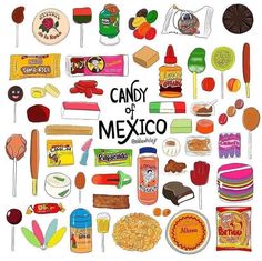 an image of candy and mexican food on a sticker sheet that says candy of mexico