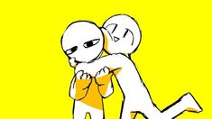 two people hugging each other in front of a yellow background with the word love written on it