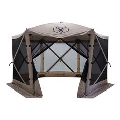 an outdoor gazebo with mosquito netting on the top and sidewalls for protection