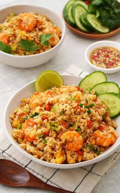 rice with shrimp and cucumbers served in bowls