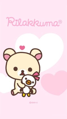 a cartoon bear holding a teddy bear on top of a pink background with the words rilakkuma