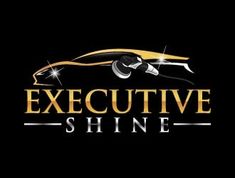 the executive shine logo is shown on a black background with gold trim and sparkles