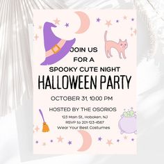 a halloween party flyer with an image of a witch hat and cat on it's back