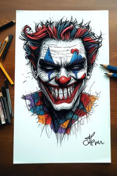 An easy graffiti drawing of the Joker with intense expressions, vibrant colors, and dynamic lines. Joker Graffiti, Graffiti Inspiration, Joker Drawings, Creative Lettering