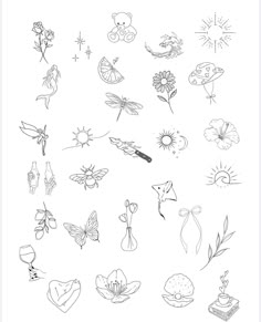 a black and white drawing of various flowers, plants and other things in the air