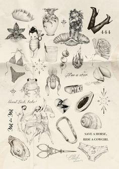 an old drawing of various items from the past