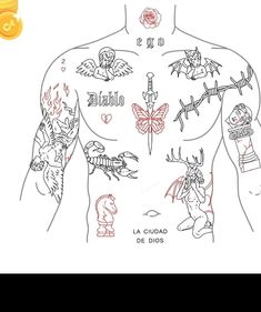 a drawing of a man's chest with tattoos and other things on his body