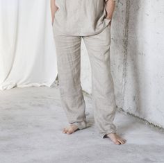 * 100% soft linen * Elastic waistband * Handmade in Slovakia * Model is 184 cm height, wearing size L - altered length (115 cm), color: natural Measurments: Size M Body: High: 170-175 Bust: 94-101 Waist: 82-90 Hips: 96-104 - cloth (laying on the floor): Elastic waistband 80-92 cm Outer seam of the pants: 105 ------------------------------------------------- Size L Body: High: 176-181 Bust: 102-109 Waist: 90-96 Hips: 105-113 - cloth (laying on the floor): Elastic waistband 88-98 cm Outer seam of Full Length Linen Bottoms For Loungewear, Relaxed Fit Full-length Linen Bottoms, Relaxed Fit Full Length Linen Bottoms, Relaxed Fit Linen Bottoms Full Length, Casual Relaxed Fit Flax Pants, Casual Flax Relaxed Fit Pants, Linen Loungewear Pants Full Length, Casual Natural Linen Bottoms, Casual Linen Bottoms In Natural Color