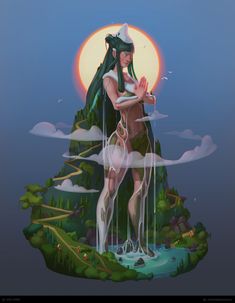 a digital painting of a woman standing in front of a mountain with water flowing from her body