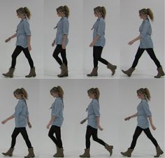 multiple images of a woman walking in various poses and motion steps, all wearing boots