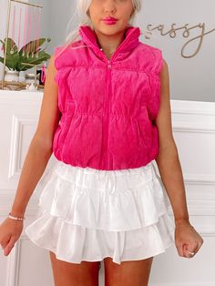 This is Hot Pink Corduroy Vest | sassyshortcake.com | Sassy Shortcake Pink Cotton Vest For Fall, Trendy Pink Cotton Vest, Casual Pink Vest Outerwear, Trendy Pink Vest For Spring, Pink Sleeveless Vest With Pockets, Pink Sleeveless Cotton Outerwear, Pink Vest Outerwear For Spring, Casual Pink Sleeveless Outerwear, Cute High School Outfits