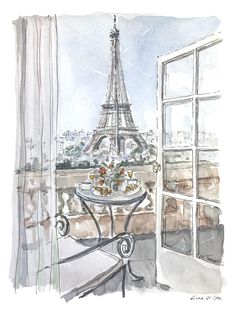 a painting of the eiffel tower in paris, france with a table and chairs