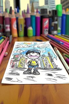 A graffiti drawing of a young boy in a vibrant urban setting, perfect for easy hip-hop graffiti drawing ideas. Hiphop Graffiti