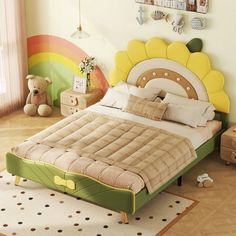 Aukfa AK-FUB1-050 full size upholstered platform bed with Sunflower shaped headboard provides you with a soft backrest that is both cute and practical. It will bring a lovely romantic atmosphere to your room. Made of solid pine wood and MDF, this cute cartoon bed sturdy solid wood construction is durable and load-bearing to ensure a long life. Noiseless wooden slats complement the support beams to provide secure support and extend the life of the mattress. If you are looking for a cute and funny Kids Platform Bed, Bedroom Brown, Bed Boards, Shaped Headboard, Bed Platform, Kids Bed, Green Bedding, Upholstered Bed Frame, Bed Slats