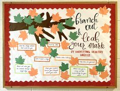 a bulletin board with leaves on it and words written in different languages that read,'branch & leaf story mark by harvesting healthy leaves