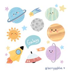 an illustration of planets and stars with the word galaxy written in it's center