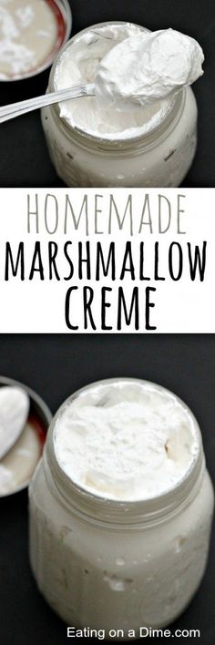 homemade marshmallow creme in a jar with spoons on the side and text overlay that reads homemade marshmallow creme