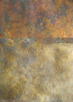 an abstract painting with brown, blue and yellow colors on the bottom half of it