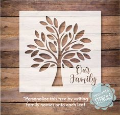 a family tree cutout with the words, personalize this tree by writing their names onto each leaf