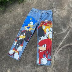 Sonic Painting, Anime Jeans, Custom Jean, Hand Painted Jeans, Jeans Drawing, Denim Art, Custom Jeans