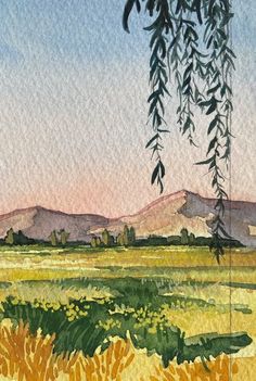 watercolor painting of trees and mountains in the distance with yellow flowers on the foreground