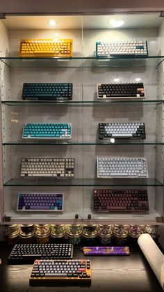 there are many different keyboards on display in the case, including one for each type of keyboard