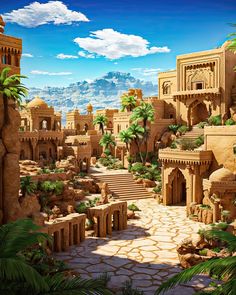 an artist's rendering of a desert city with palm trees