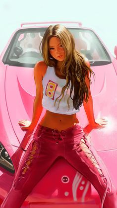 a woman standing in front of a pink car with her hands on her hips and legs crossed