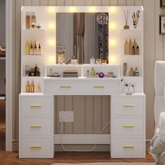 a white vanity with lights on it in a room