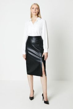 A classic pencil skirt holds a place of honour in any hard-working wardrobe. Crafted from faux leather for an edgy spin, this style features a high waist, front slit and a concealed rear fastening. Working Wardrobe, Pencil Midi Skirt, Oasis Fashion, Midi Skirt Pencil, Hard Working, Fashion Face, Dorothy Perkins, Pencil Skirt, Midi Skirt