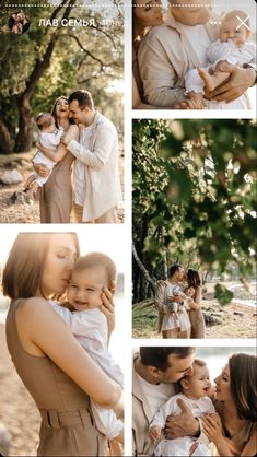 a collage of photos with people holding and kissing each other in front of trees