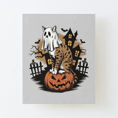 a cat sitting on top of a pumpkin with a ghost in the background canvas mounted print