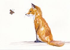 a watercolor painting of a fox and a butterfly