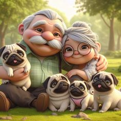 an older man and two young pug puppies sitting next to each other in the grass