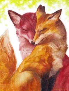 two foxes are hugging each other with their eyes closed