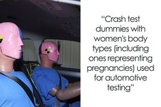 two mannequins wearing blue shirts and pink headgear with words describing crash test dummies with women's body types including ones representing