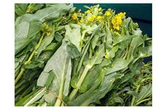 some green leaves and yellow flowers are piled up on top of each other in a pile