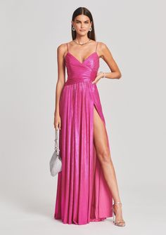 Embrace your inner goddess in our Doss Dress! Crafted in lustrous lamé, this silhouette features ruched panels on the bodice and a floor-length skirt. Barely-there straps and a thigh-high side slit provide the silhouette with a seductively feminine feel. The style is finished with an invisible side zip closure. Shown here in Hot Pink. 95% Polyester, 5% Spandex Made in China Model is 5'11" wearing size XS Style No. FW21-4075 Prom Dress Inspo, Ombre Dress, Prom Dress Inspiration, Inner Goddess, Maxi Gown Dress, Floor Length Skirt, Reception Dress, Maxi Gowns, Hoco Dresses