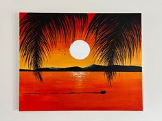 an acrylic painting of palm trees and a boat in the water at sunset