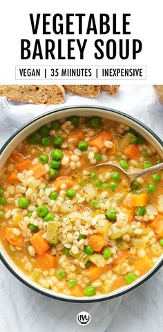 Top view of a bowl full of barley soup with vegetables such as peas and carrots. Kingdom Layout, Vegetable Barley Soup, Vegetarian Soup Recipes, Barley Soup, Vegan Soup Recipes, Tasty Vegetarian Recipes, Delicious Vegetables, Vegetarian Soup, Easy Soups