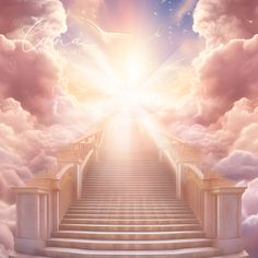 the stairway leading to heaven with bright light coming from behind it and clouds in the sky