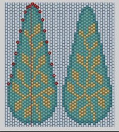 a cross stitch pattern with two pieces of blue and yellow fabric, one in the shape of a christmas tree