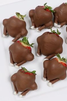 chocolate covered strawberries in the shape of cows on a white plate with green leaves